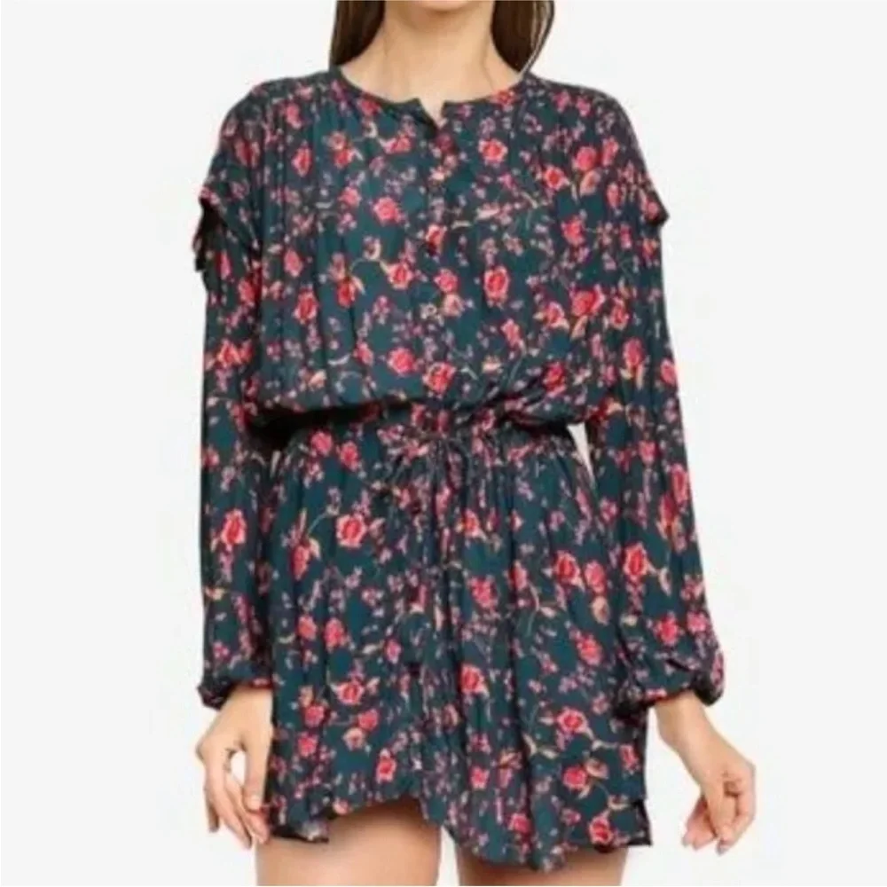 Free People Flower Fields Mini Dress Green Floral Boho Long Sleeve Sz M Flowy